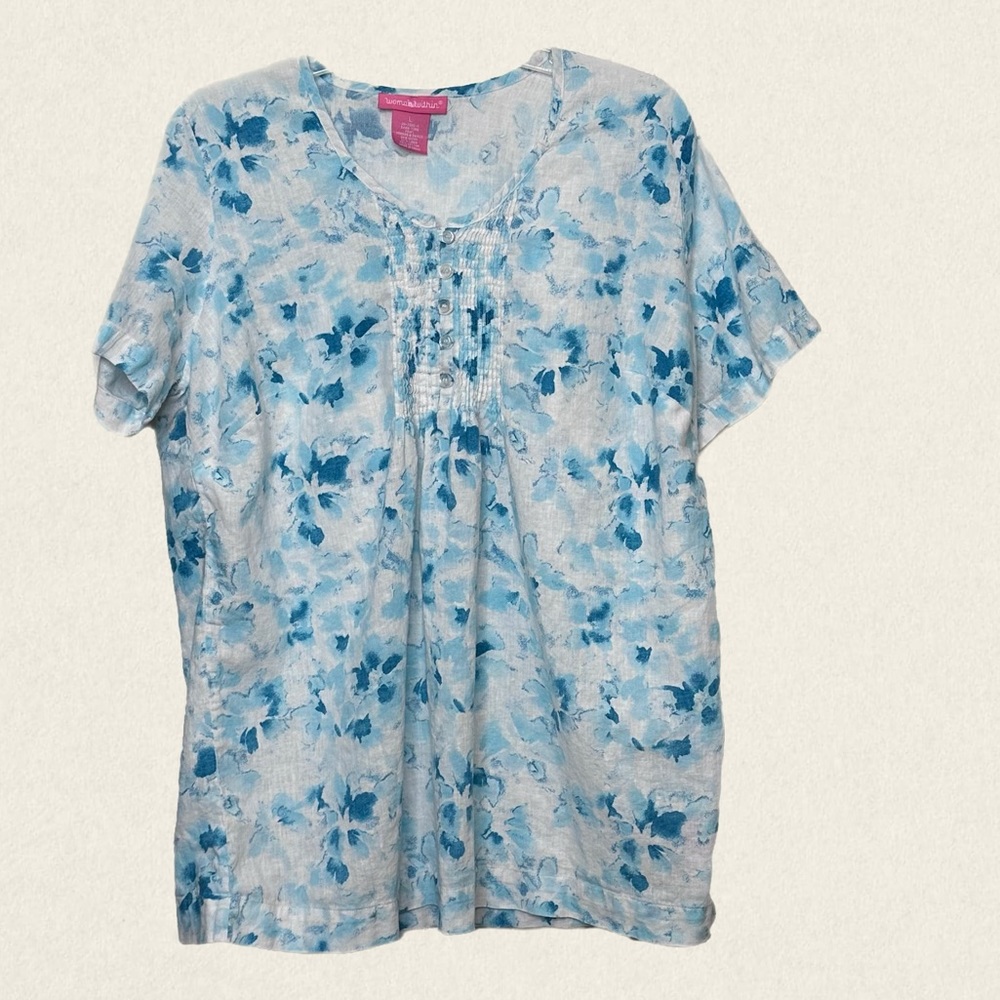 Woman Within Floral Short Sleeve Linen/Cotton Blend Shirt
